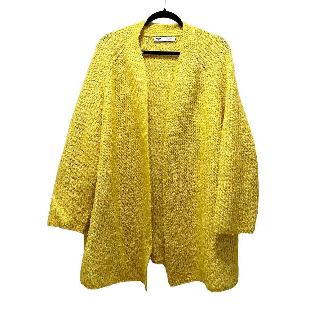 ZARA Chunky Knit Cardigan Sweater Oversized Mustard Yellow Open Front Sz Medium